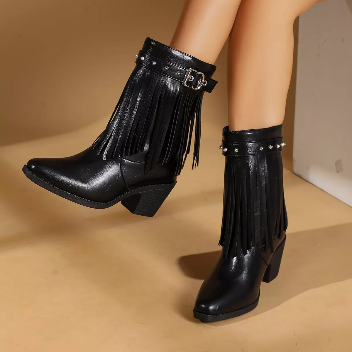Western Style Fringe Studded Mid-Calf Boots in Black