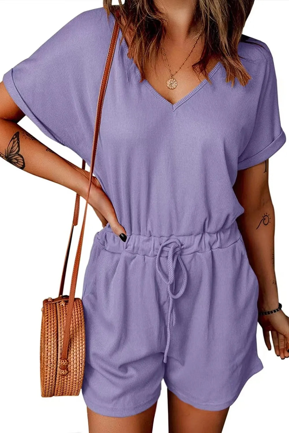 Full Size Drawstring V-Neck Short Sleeve Romper - Lilixa.store