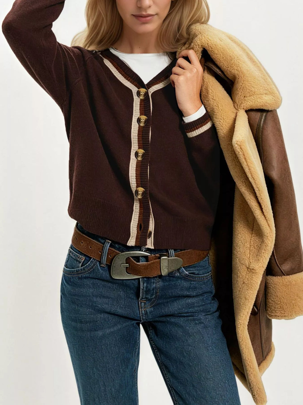 Striped Trim Button-Down Cardigan - Lilixa.store