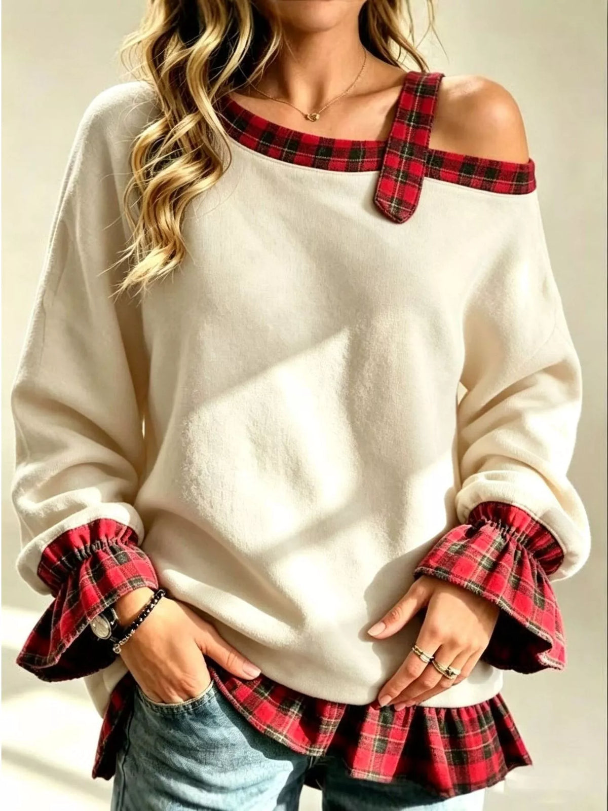 Full Size Cold-Shoulder Plaid Patchwork Long Sleeve Top Plus Size - Lilixa.store