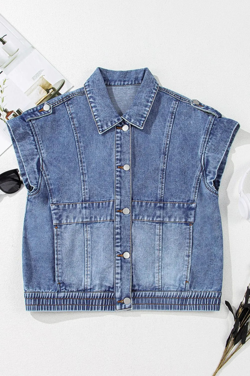 Button Up Cap Sleeve Denim Jacket, view 9