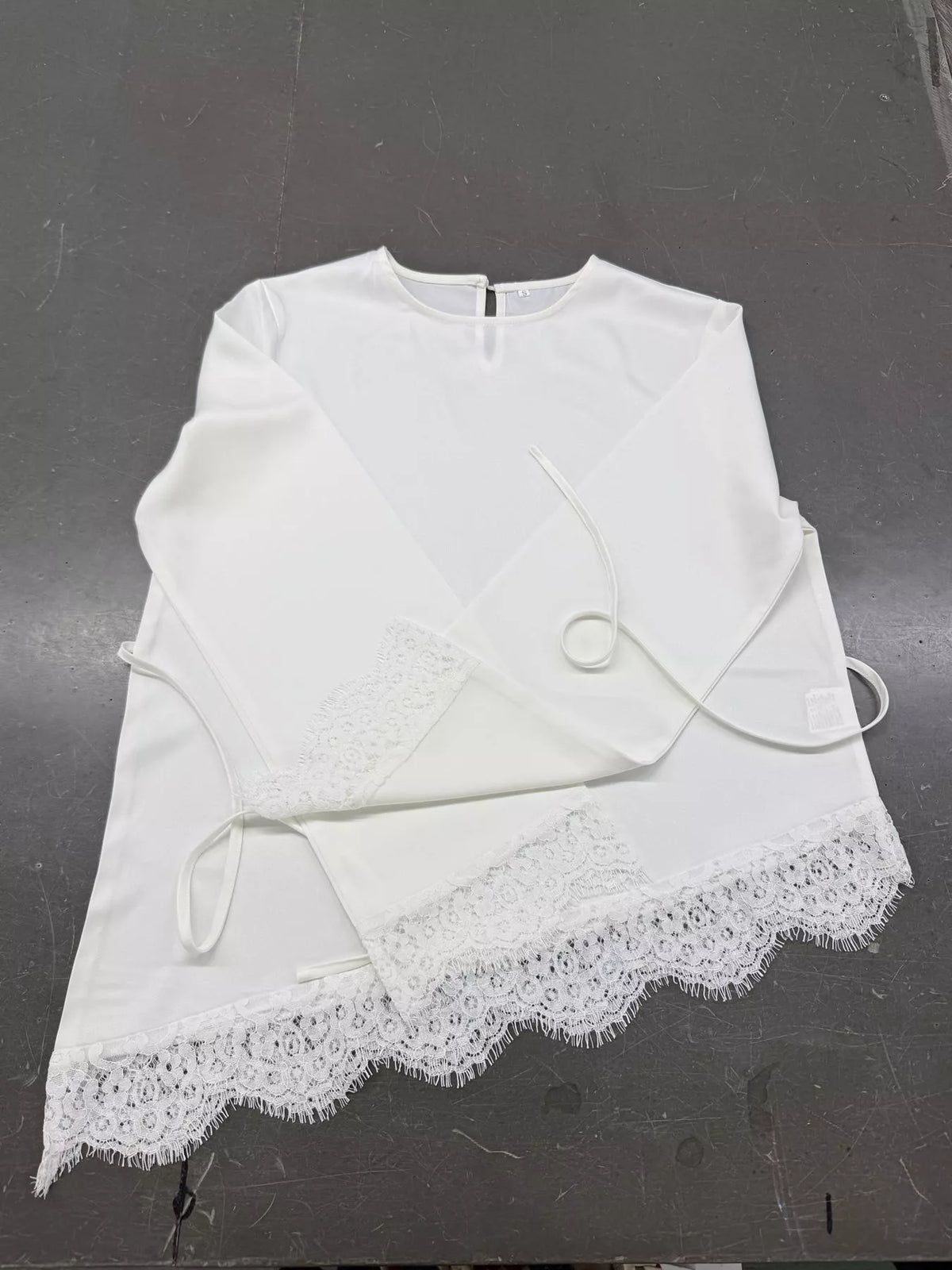 Satin Lace Trim Flare Sleeve Blouse, view 3