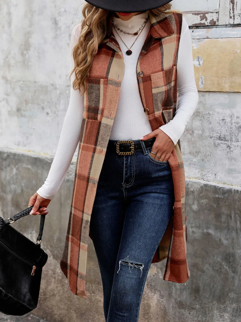 Perfee Pocketed Button Up Plaid Vest in Terracotta, view 3