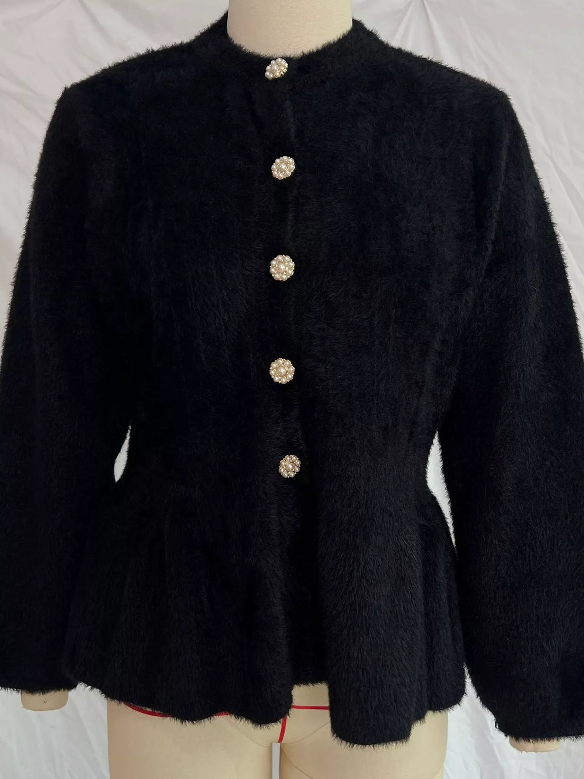 Fuzzy Peplum Cardigan with Pearl Buttons, view 11