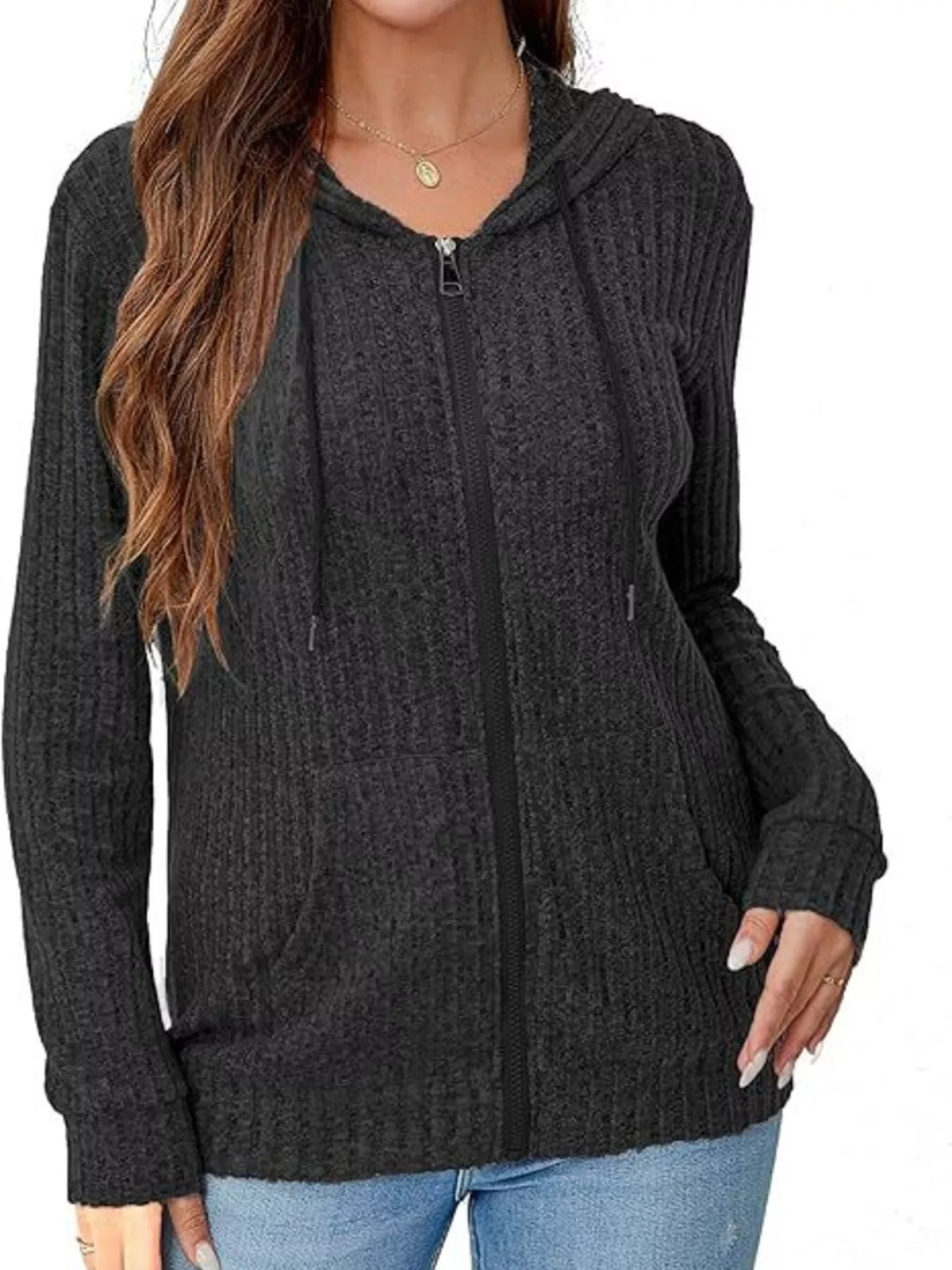 Ribbed Zip Up Hooded Outerwear - Lilixa.store