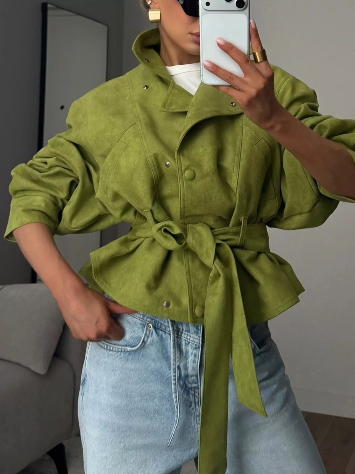 Tie Waist Long Sleeve Cropped Jacket in Matcha Green, view 3