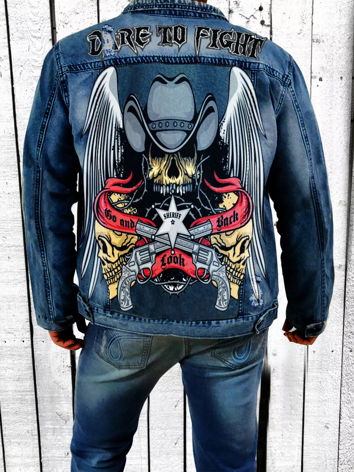 Men's Full Size Graphic Back Button Up Denim Jacket Plus Size - Lilixa.store