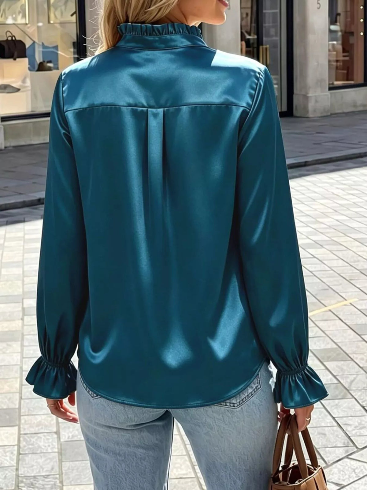Elegant Button Down Ruffle Trim Satin Shirt, view 10