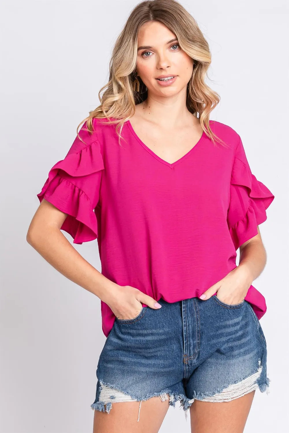 GeeGee V-Neck Ruffle Trim Short Sleeve Blouse - Lilixa.store