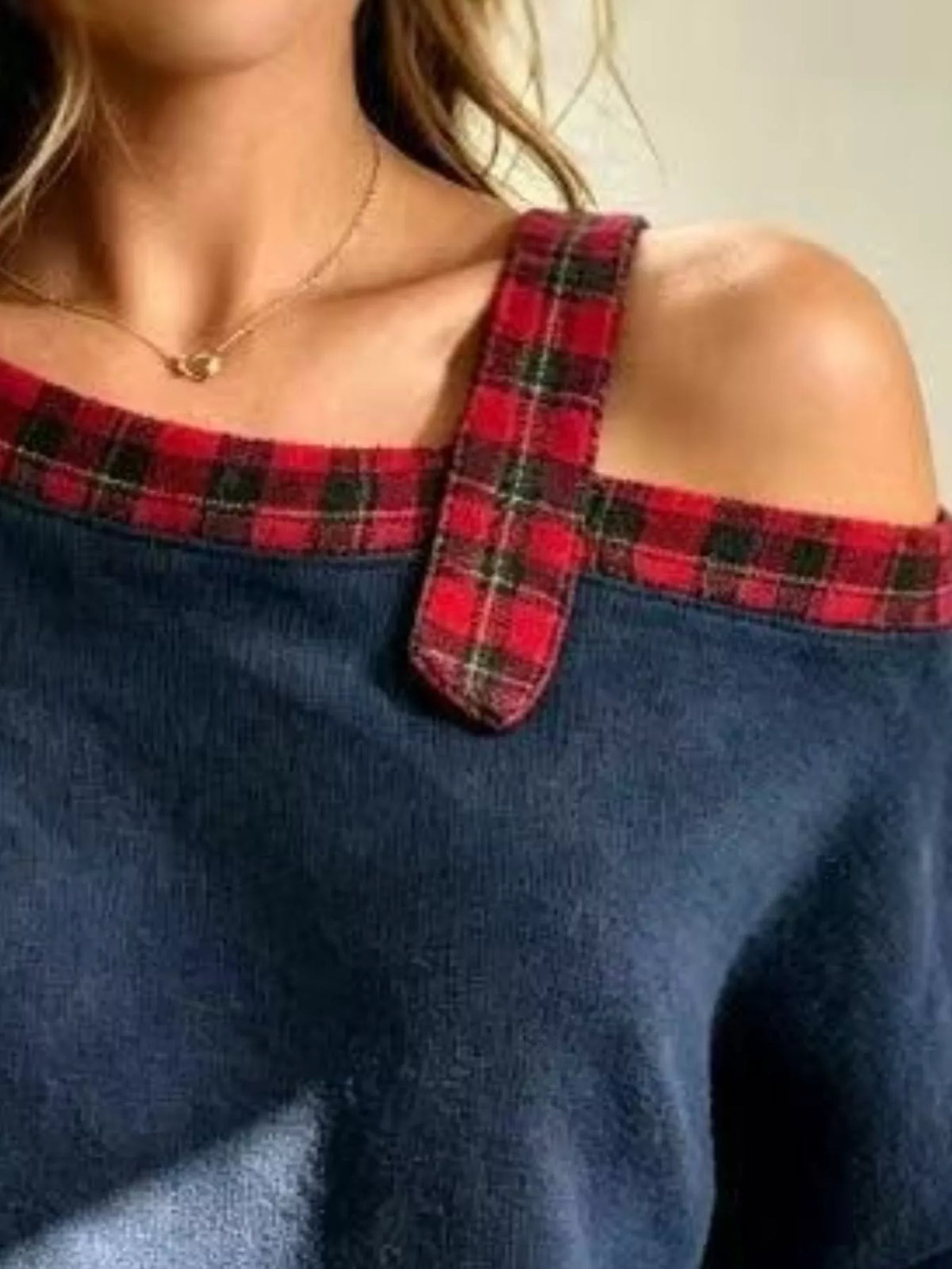 Full Size Cold-Shoulder Plaid Patchwork Long Sleeve Top Plus Size - Lilixa.store