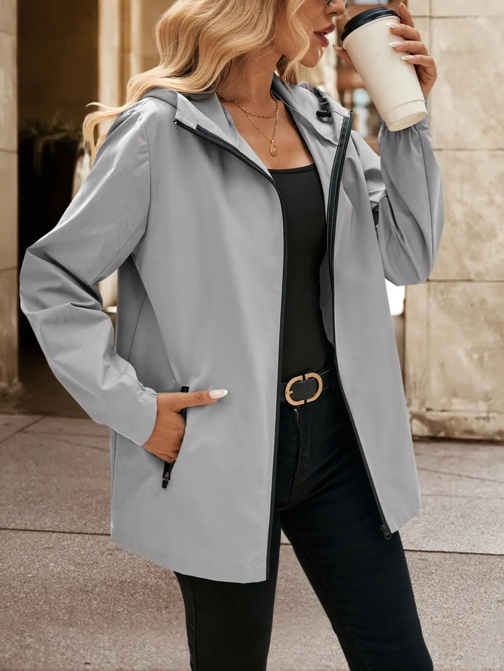 Ivy Lane Pocketed Zip Up Hooded Jacket, view 3