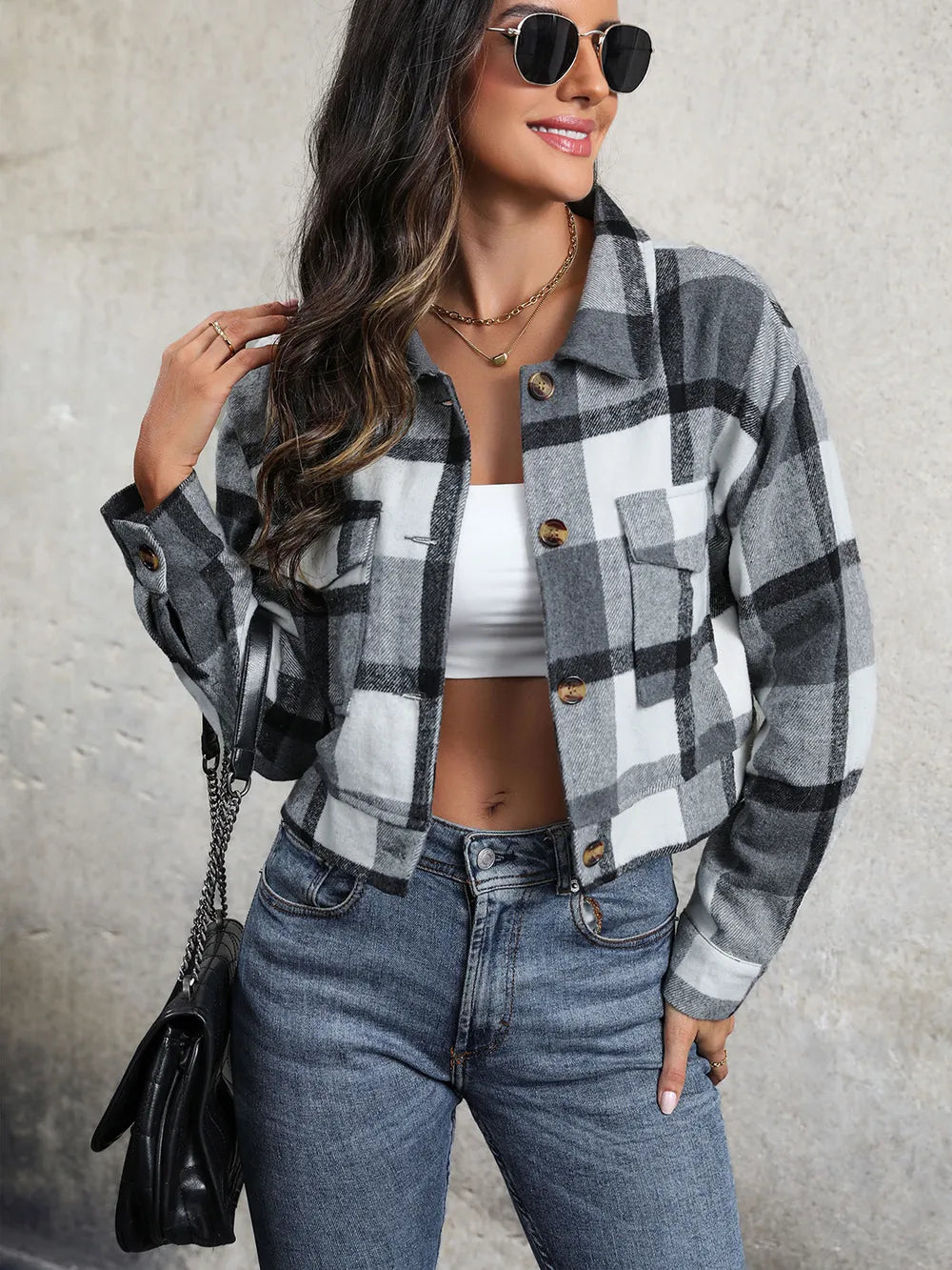 Perfee Plaid Button Up Drop Shoulder Cropped Jacket, view 10