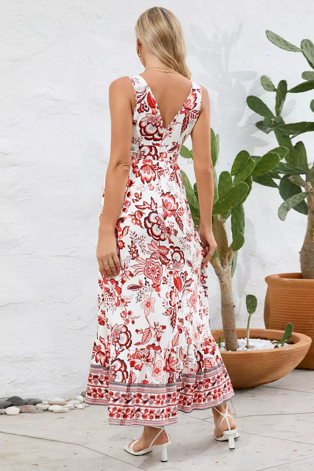 Printed V-Neck Wide Strap Dress - Lilixa.store