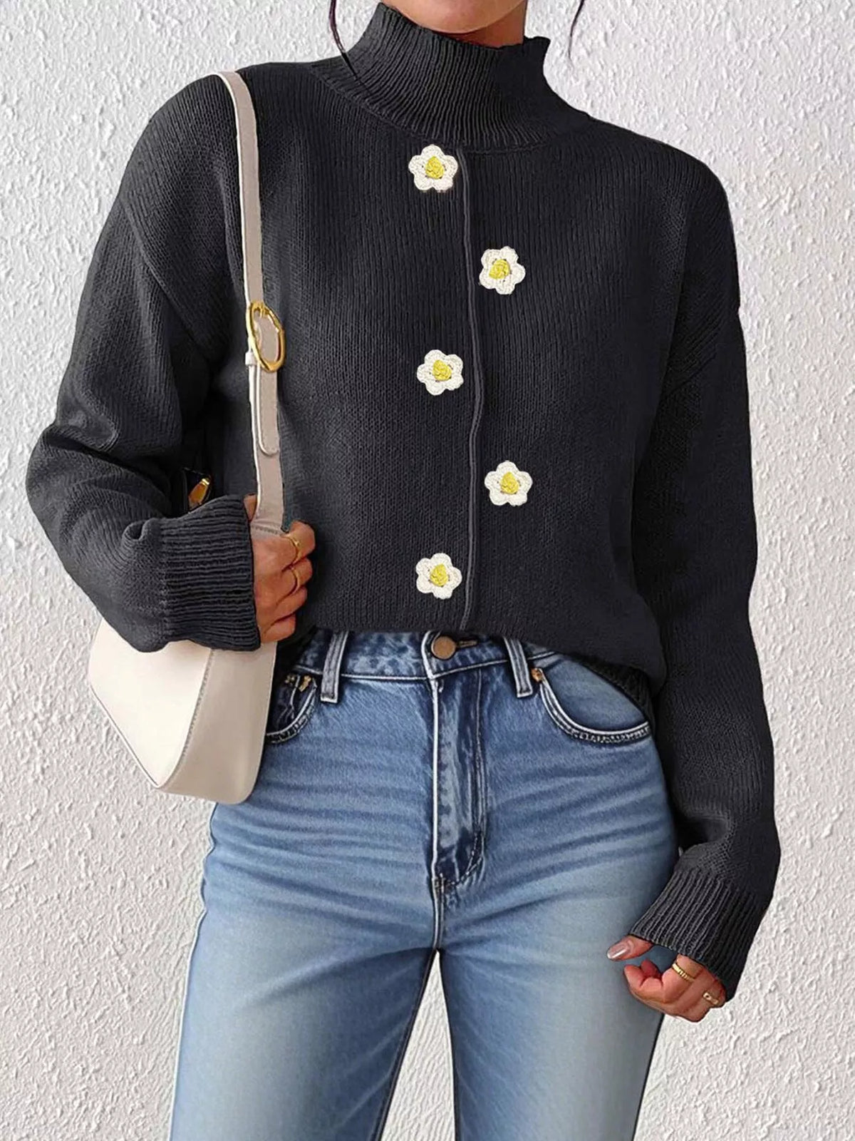 Floral Applique Turtleneck Sweater in Black