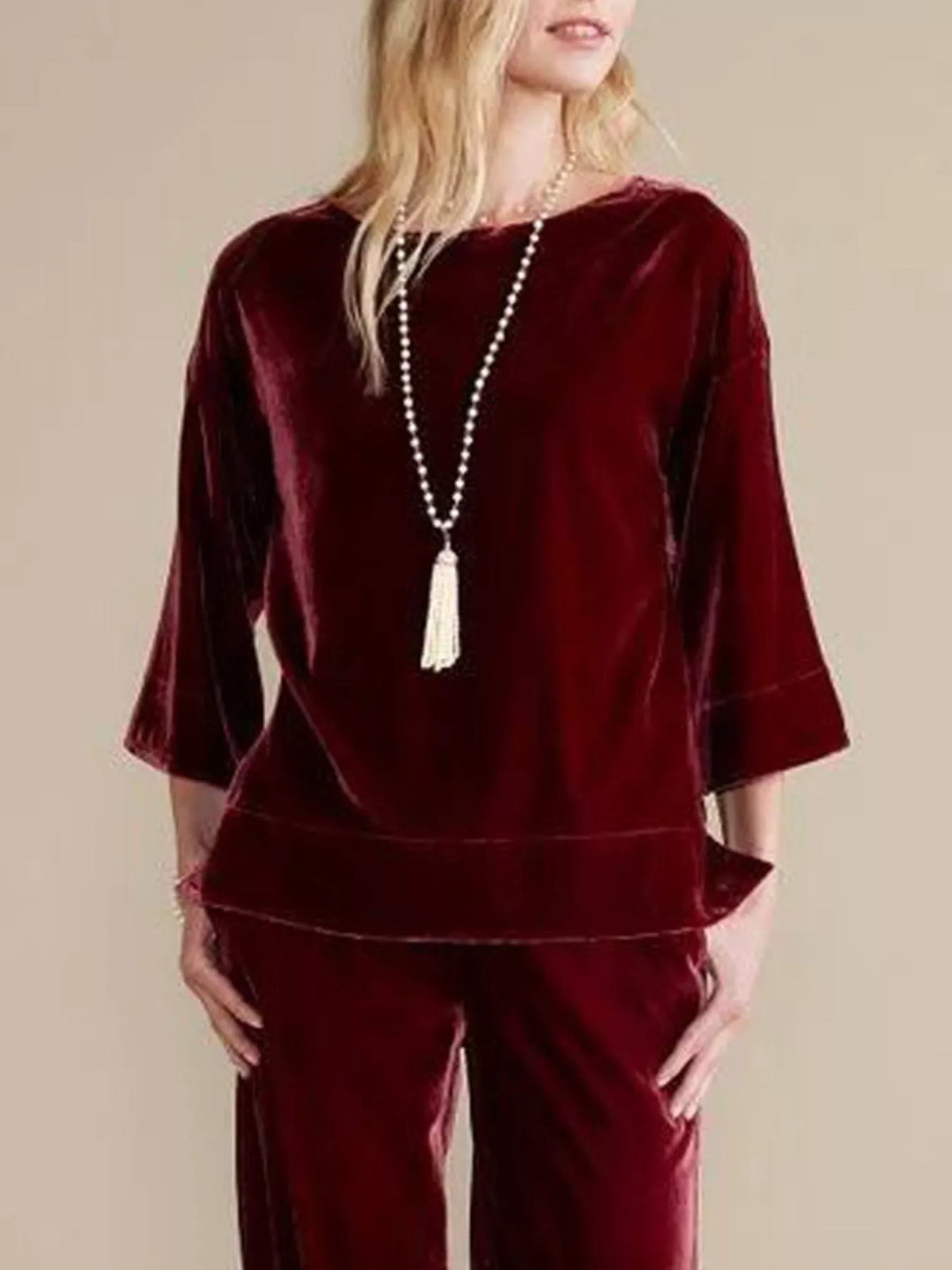 Velvet Boat-Neck T-Shirt with Three-Quarter Sleeves, view 4
