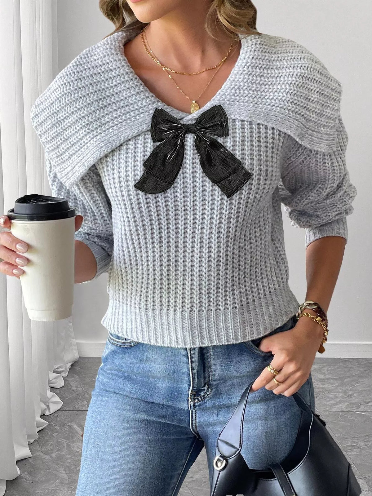 Contrast Bow Long Sleeve Sweater