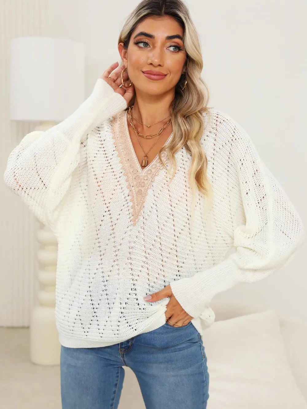 Lace Detail V-Neck Long Sleeve Sweater - Lilixa.store