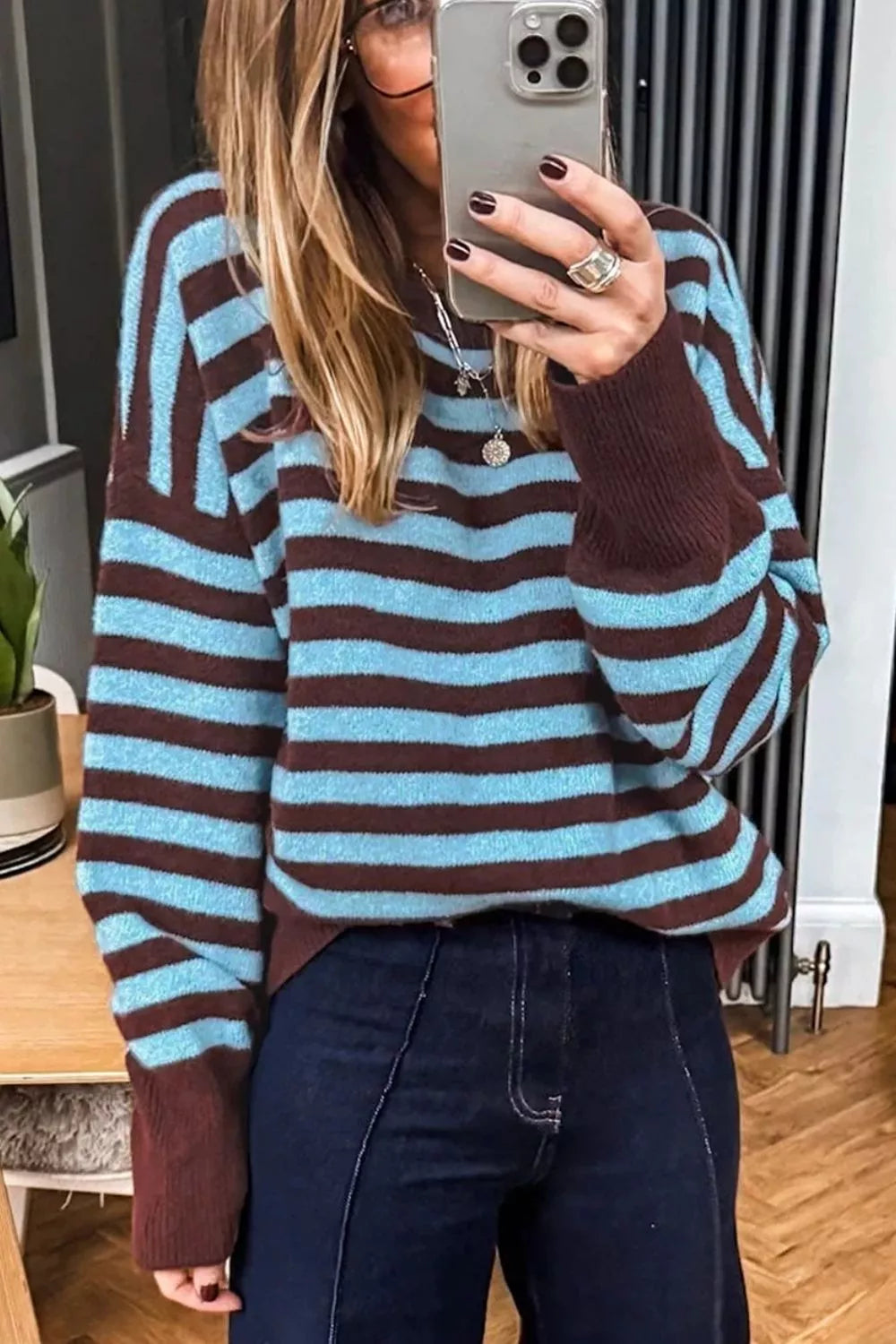 Stripe Color Block Loose Crew Neck Cuffed Sweater