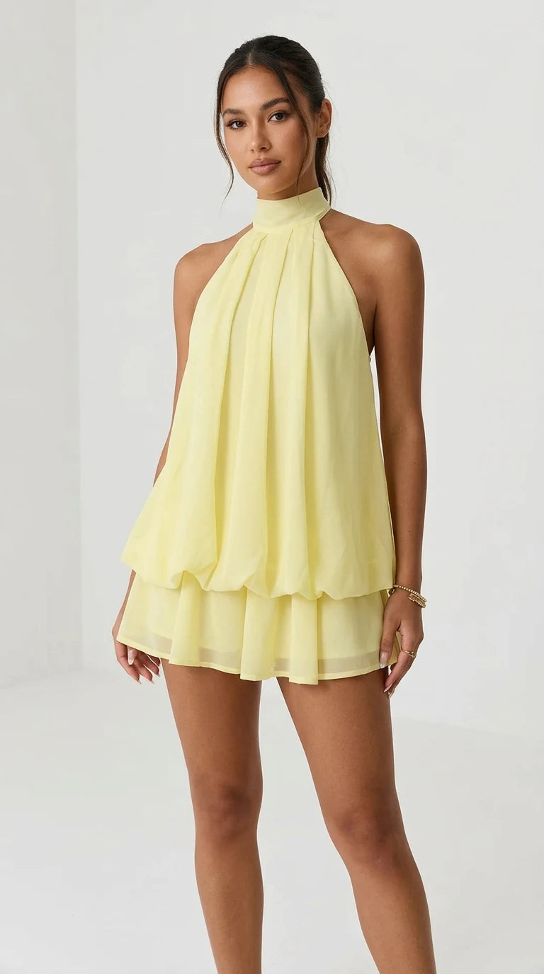 Halter Neck Ruched Mini Dress in Yellow