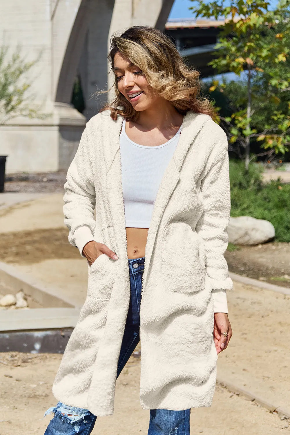 Double Take Full Size Hooded Teddy Bear Jacket with Thumbholes in Cream