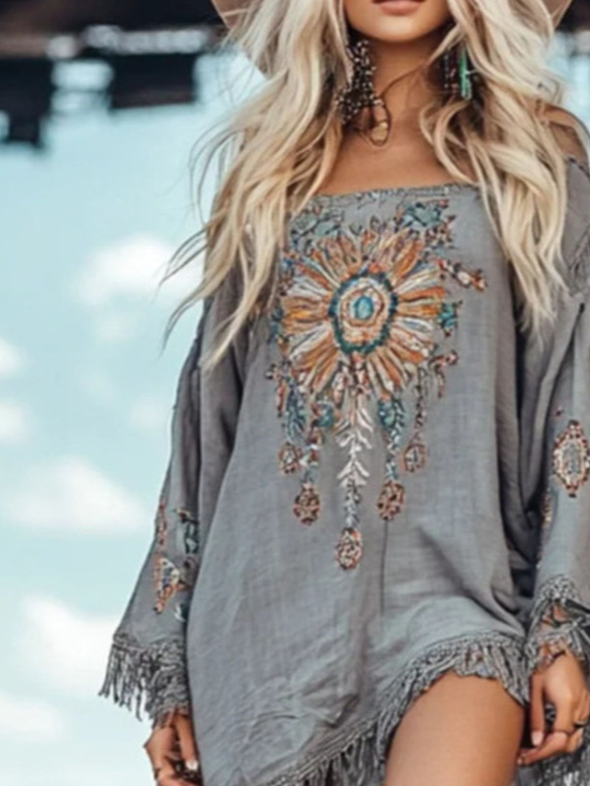 Fringe Hem Long Sleeve Mini Dress - Lilixa.store