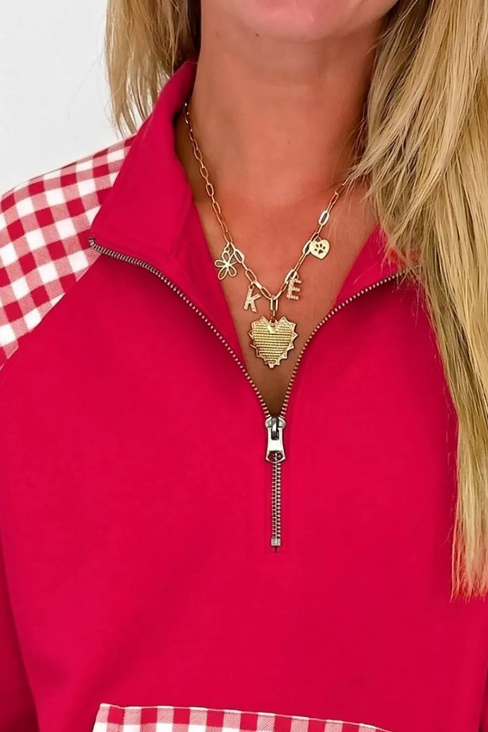 Plaid Kangaroo Pocket Quarter-Zip Sweatshirt - Lilixa.store