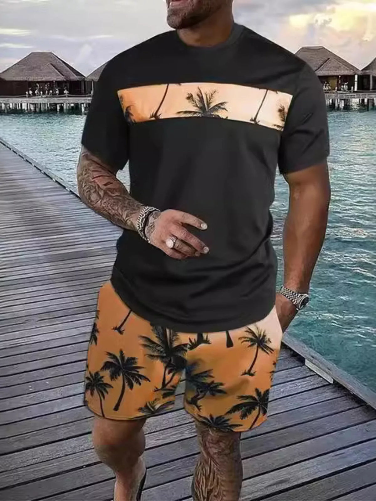 Men's Full Size Tropical Palm Tree Tee and Shorts Set Plus Size - Lilixa.store