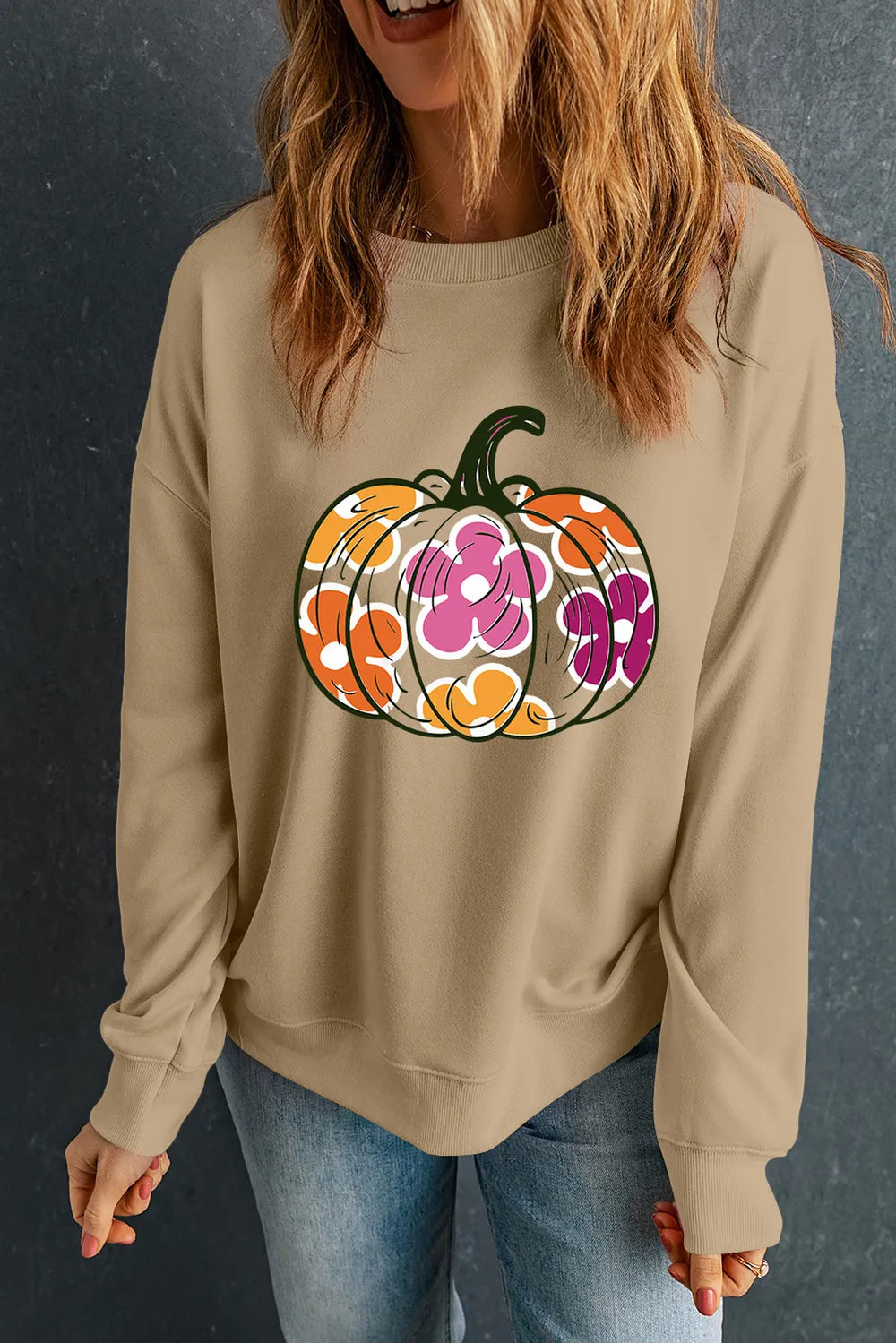 Pumpkin & Flower Graphic Long Sleeve Sweatshirt - Lilixa.store