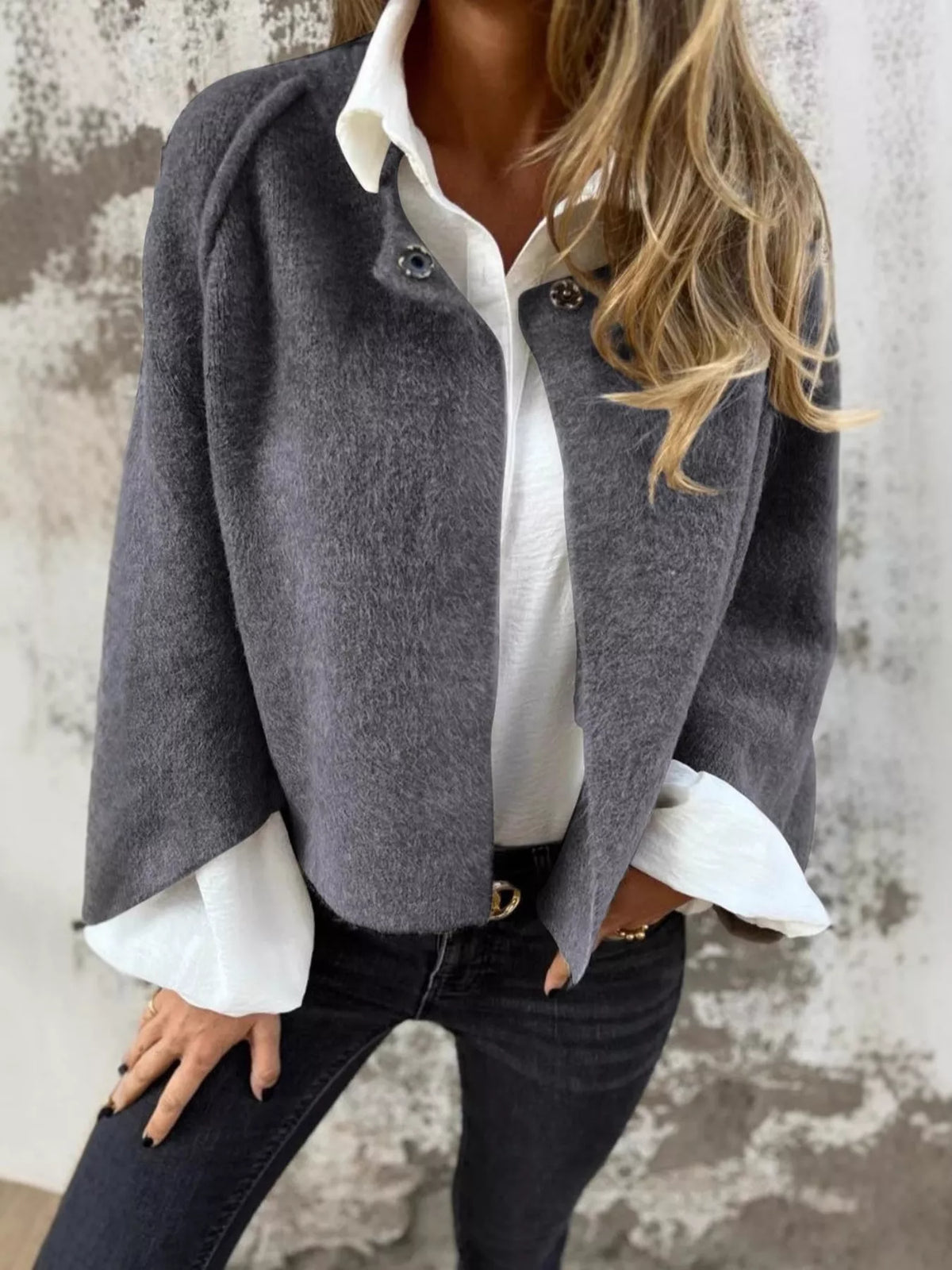 Full Size Solid Color Long Sleeve Outerwear Plus Size in Gray