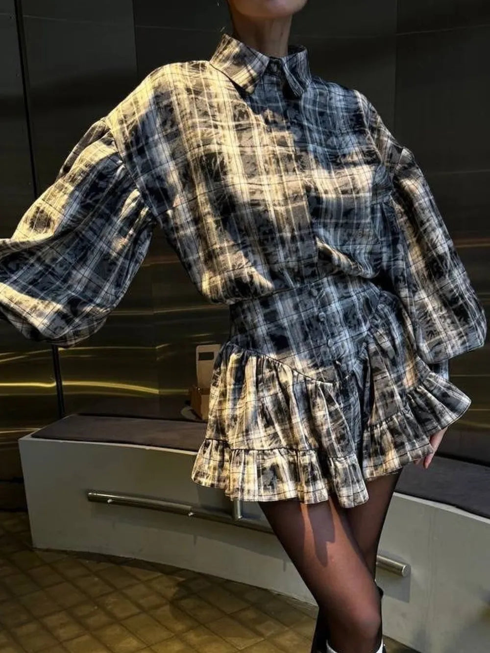 Lantern Sleeve Shirt and Ruffled Skirt Set - Lilixa.store