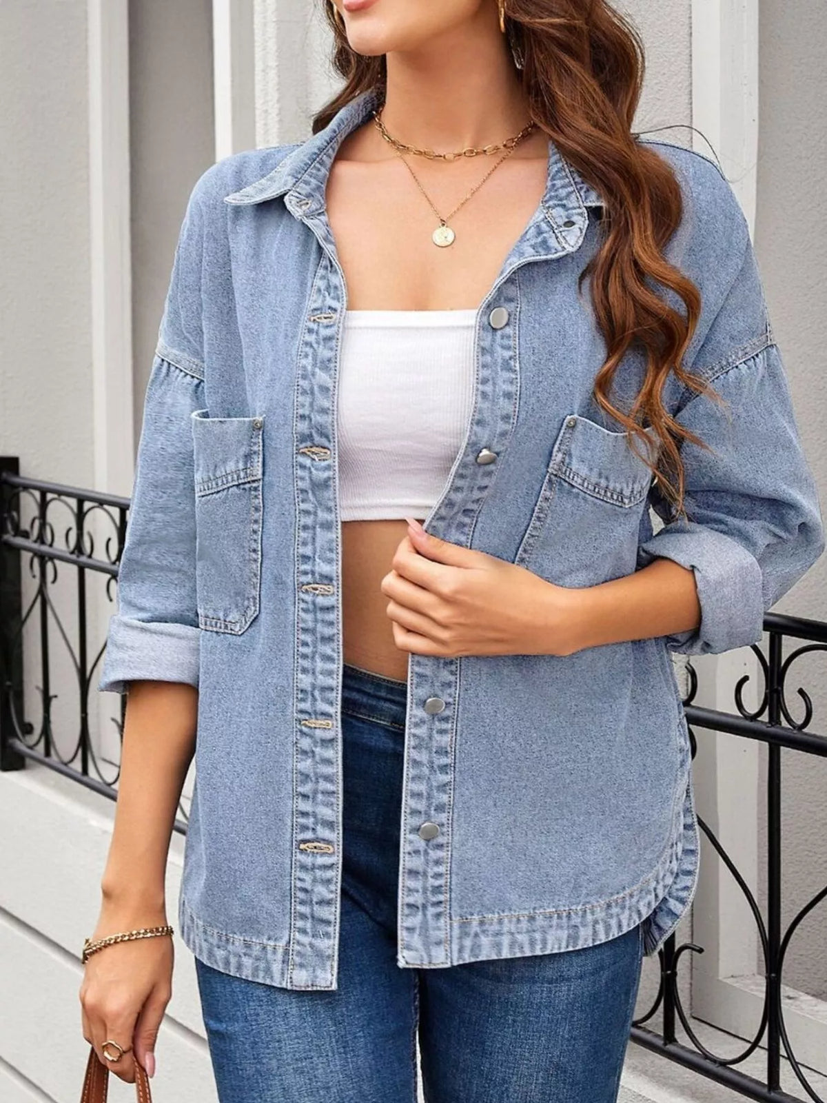 Casual Button Up Loose Fit Denim Jacket, view 3