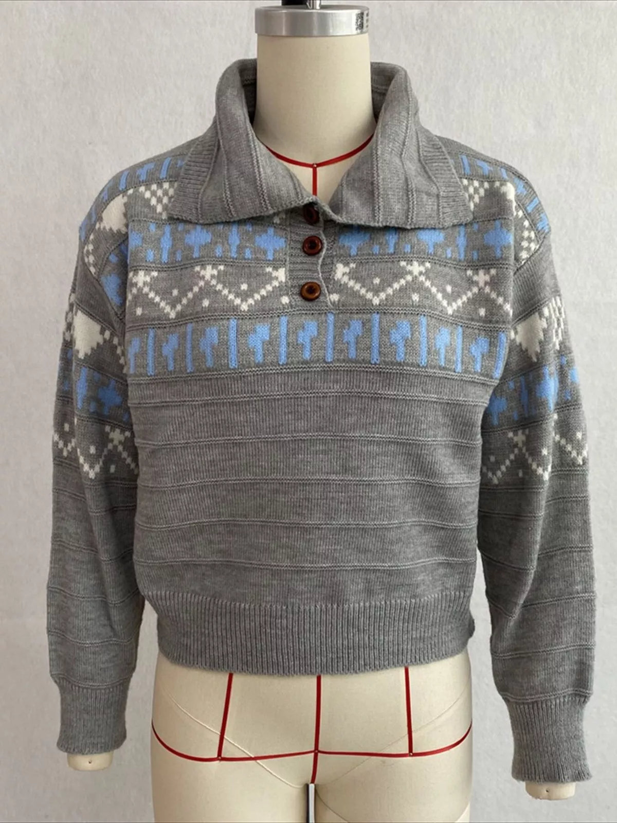 Vintage-Inspired Fair Isle Patterned Polo Sweater, view 16