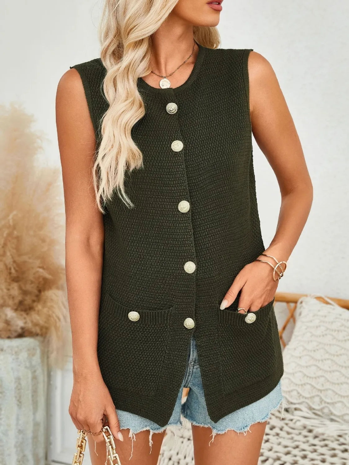 Button Down Round Neck Knit Vest, view 4