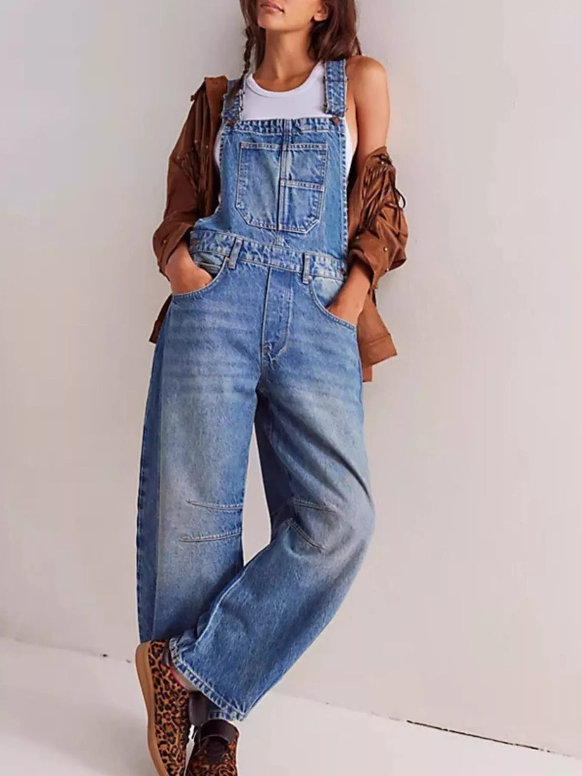 Wide Strap Wide Leg Denim Overalls, view 3