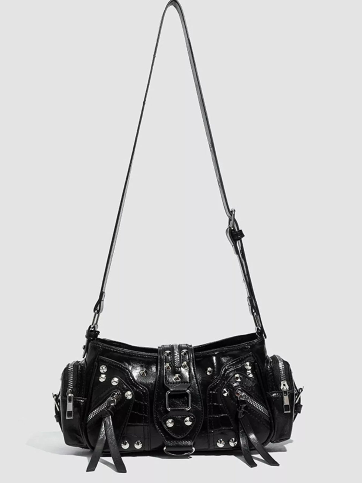 Y2K Style Rivet Embellished Patent Leather Shoulder Bag in Black, view 9