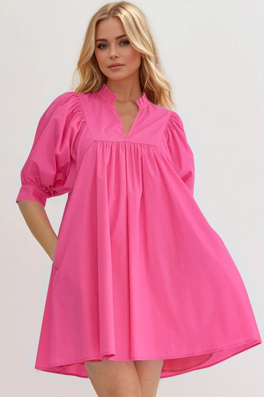 Oh Frill Notched Puff Sleeve Babydoll Mini Dress in Hot Pink