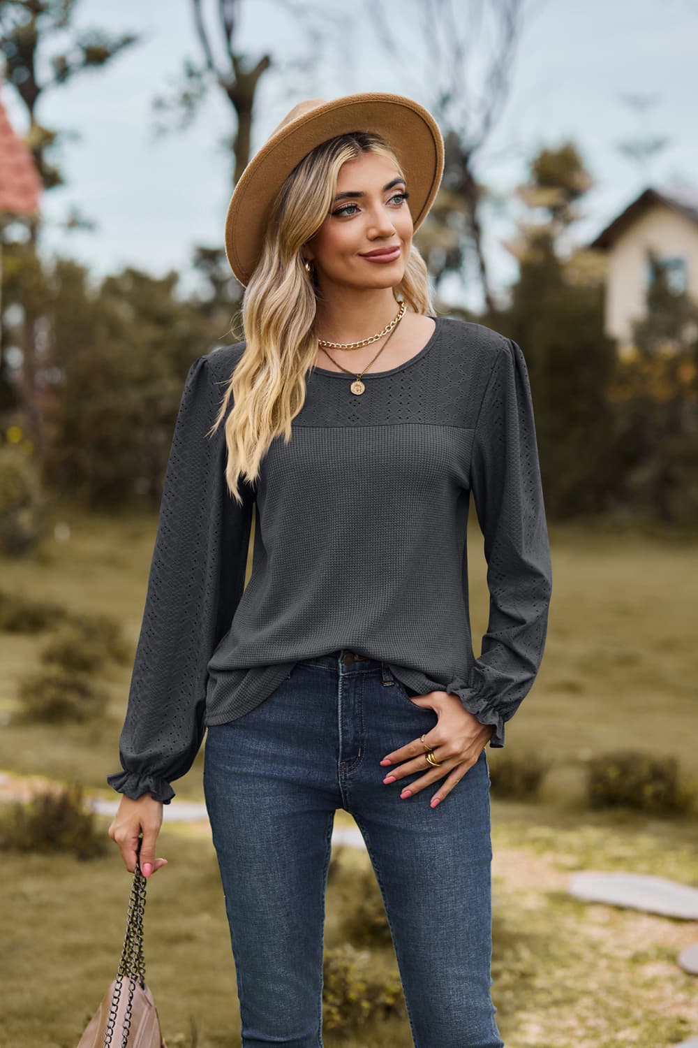 Round Neck Puff Sleeve Blouse, view 5