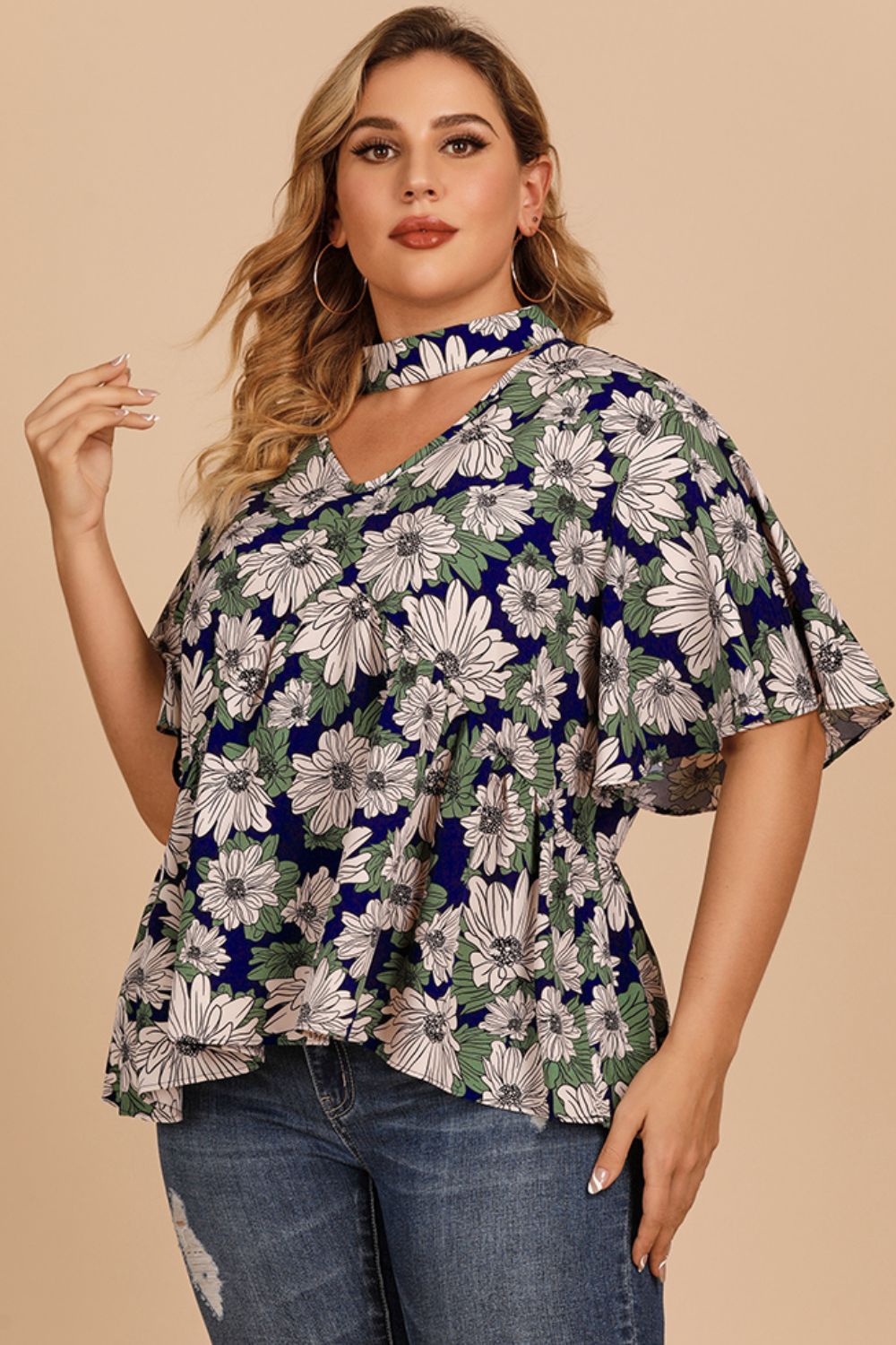 Plus Size Floral Flutter Sleeve Cutout Blouse in Dark Blue, view 2