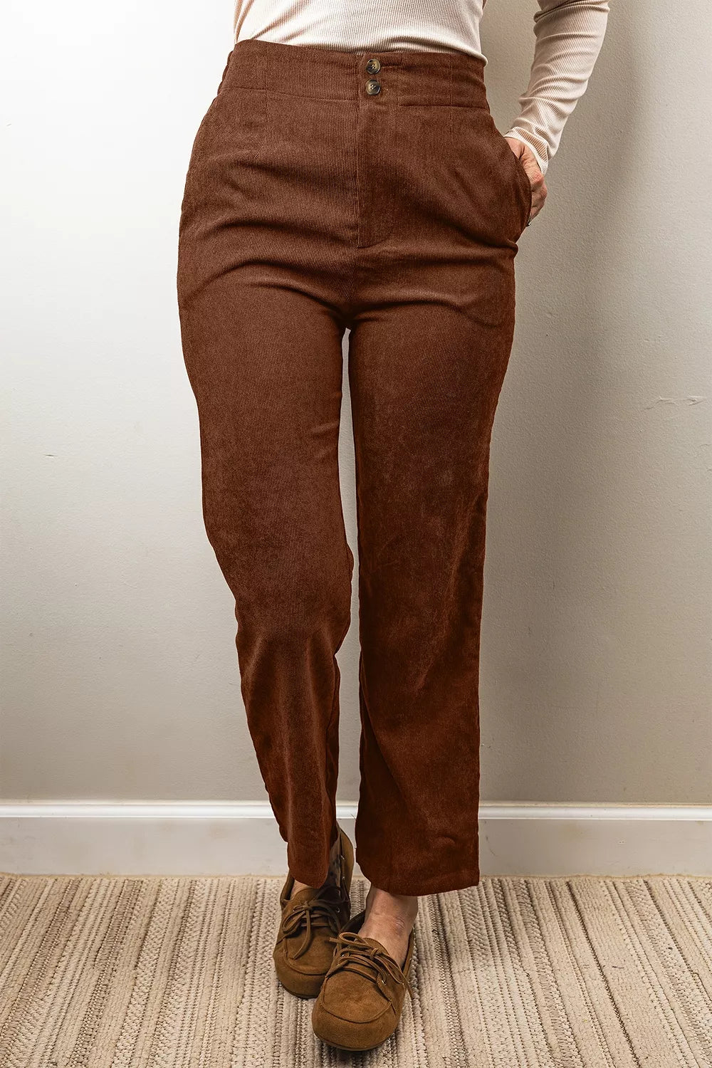 Elastic Waist Straight Leg Ankle Length Corduroy Pants