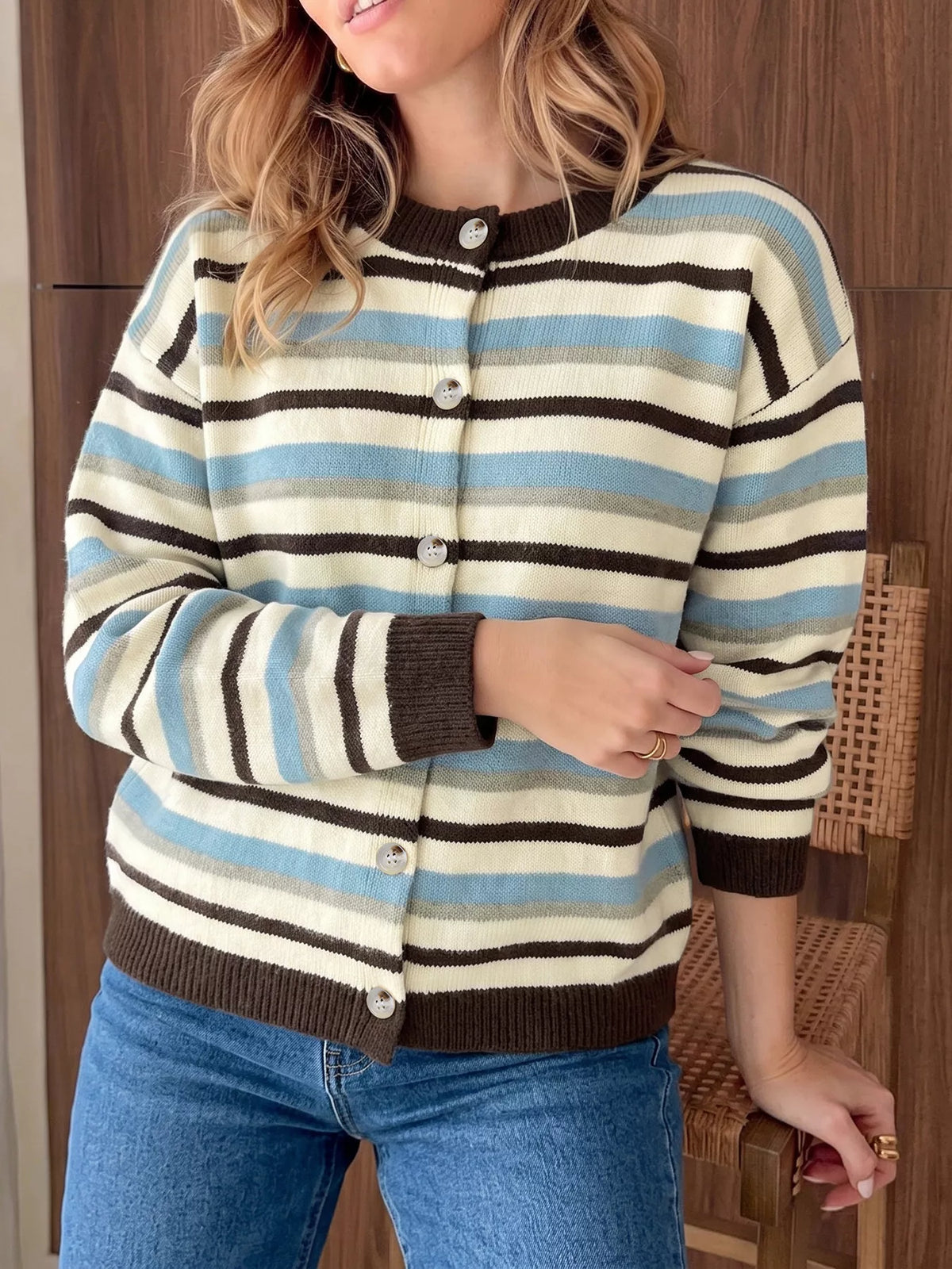 Striped Crew Neck Button-Down Cardigan - Lilixa.store