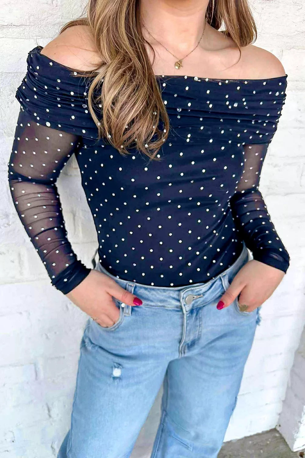 Off-Shoulder Polka Dot Mesh Blouse in Dark Navy