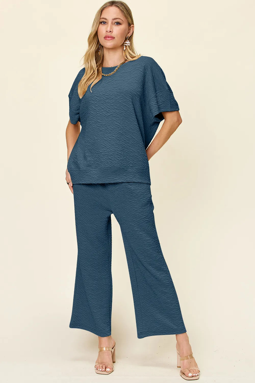 Double Take Full Size Texture Short Sleeve Top and Pants Set, view 10