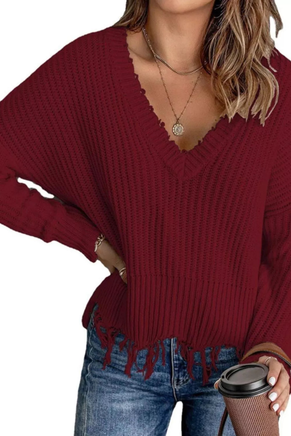 Full Size Raw Hem V-Neck Sweater Plus Size - Lilixa.store