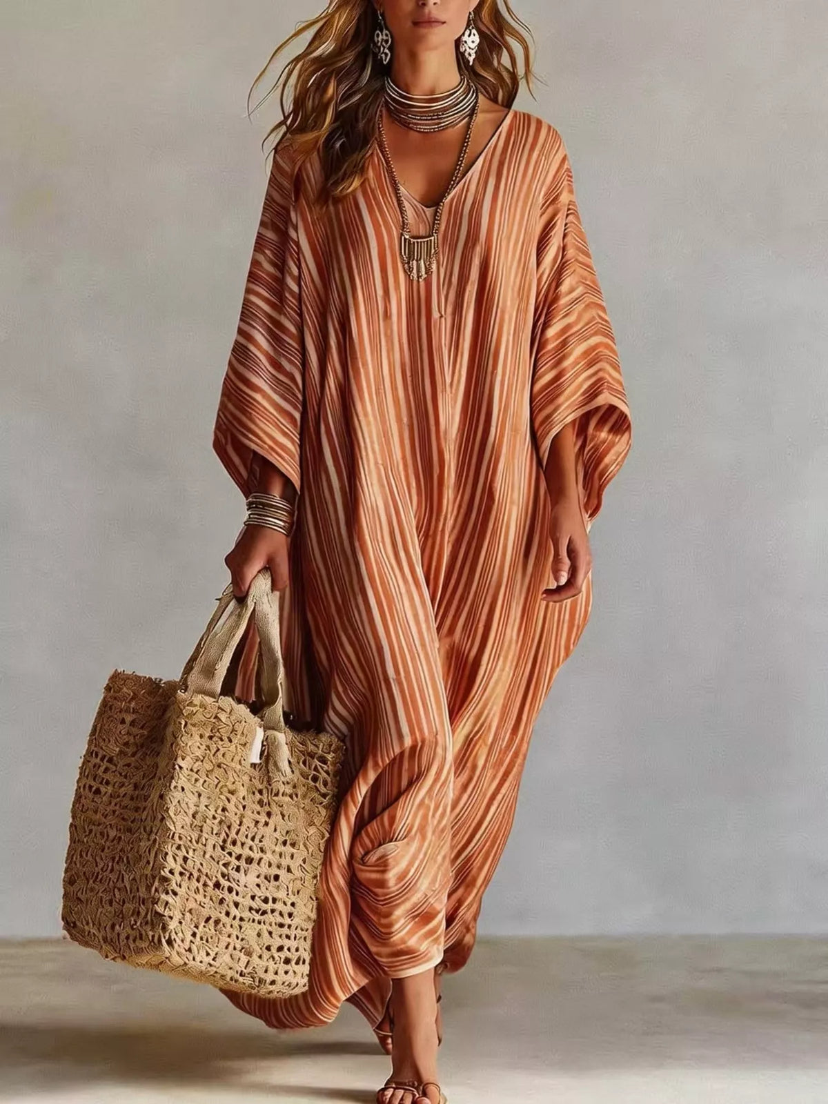 Striped V-Neck Maxi Dress - Lilixa.store