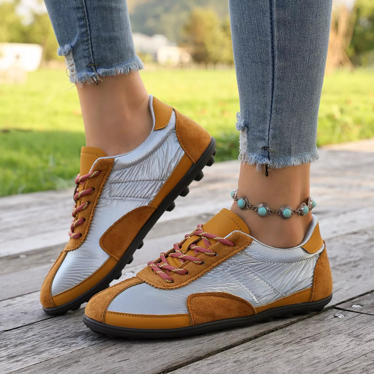 Casual Color-Block Suede and Metallic Texture Sneakers in Lemon Yellow