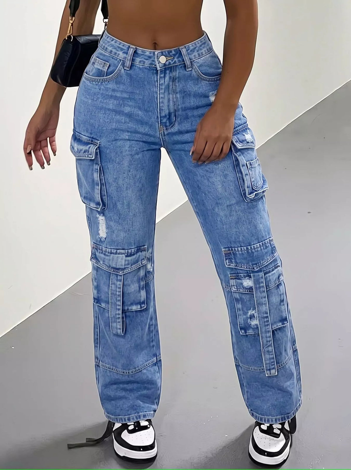 High-Waisted Distressed Cargo Jeans - Lilixa.store