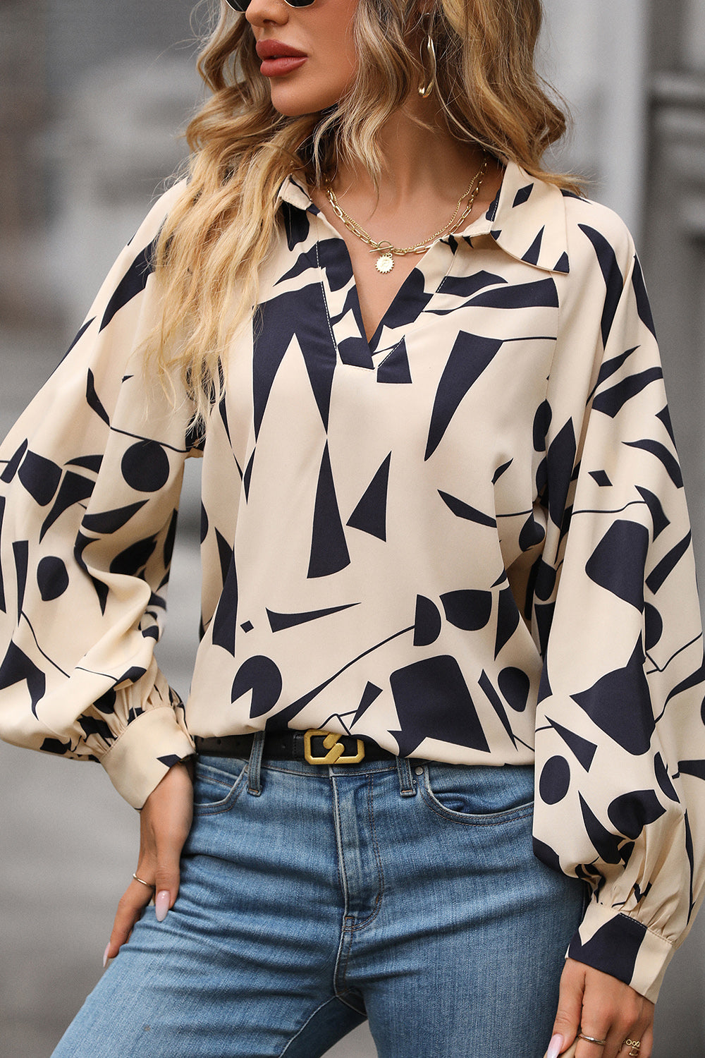 Perfee Printed Johnny Collar Blouse in Cream, view 3