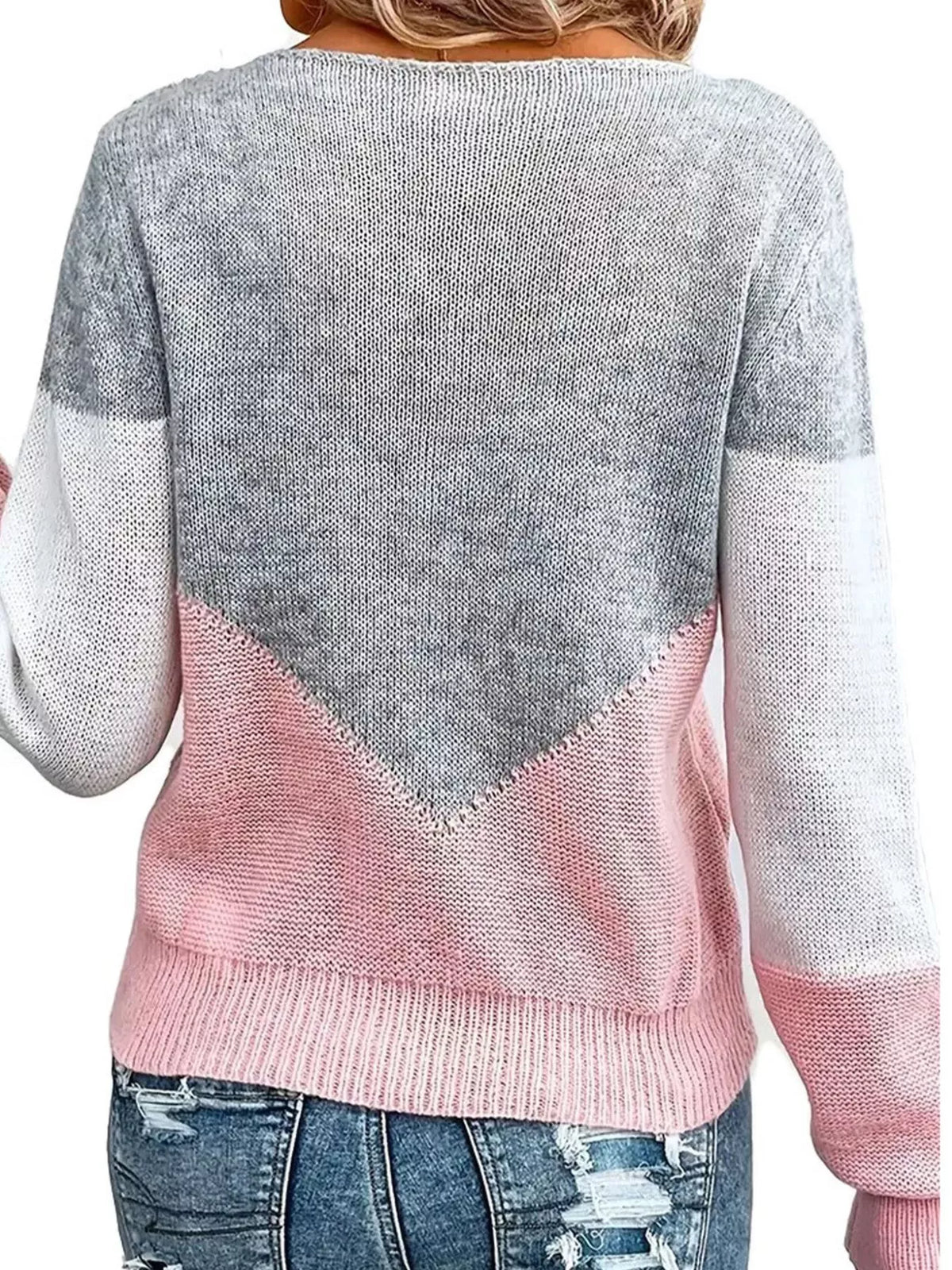 Openwork Color Block Long Sleeve Sweater