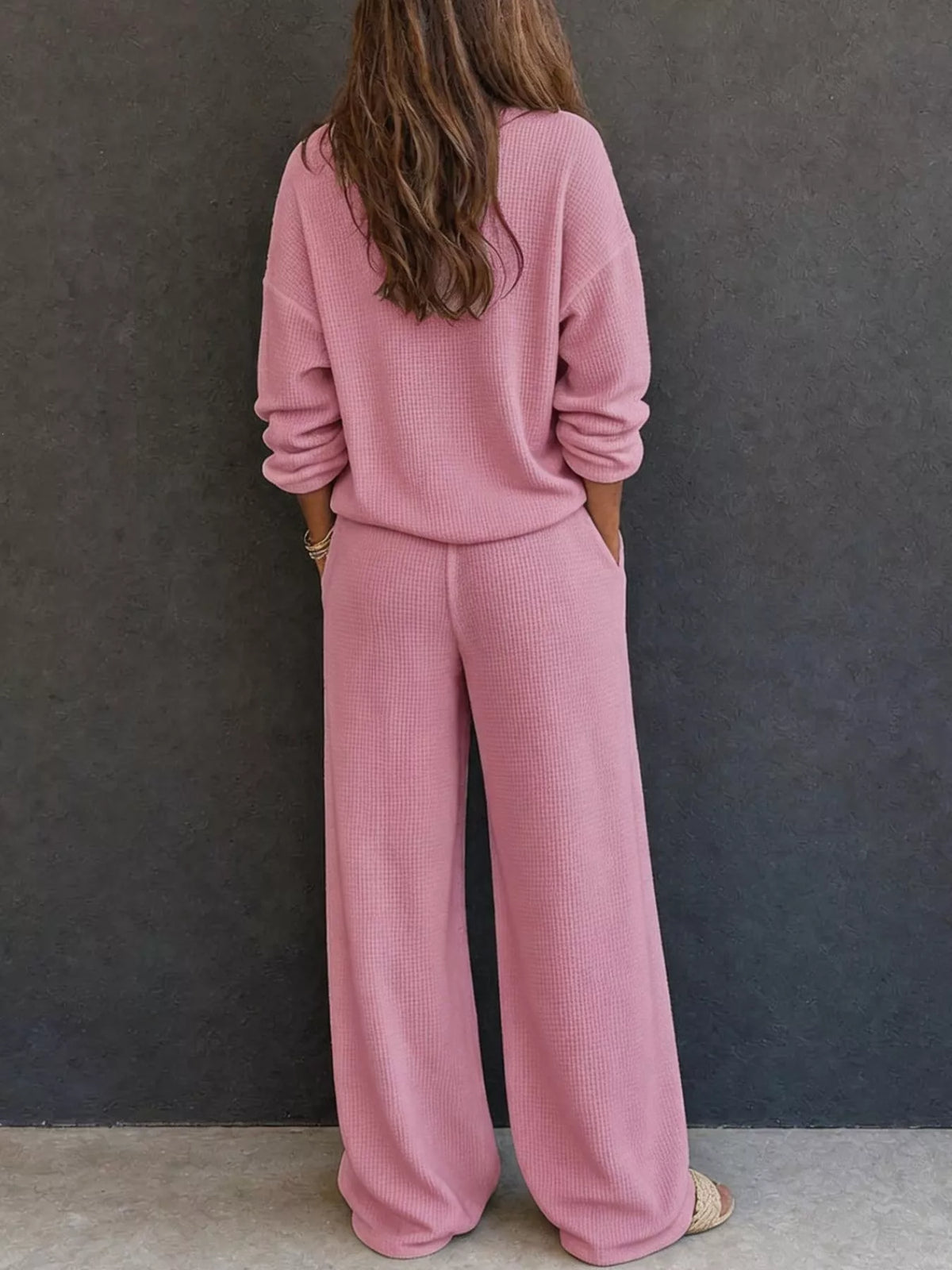 Waffle Knit Henley Top and Wide Leg Pants Set - Lilixa.store
