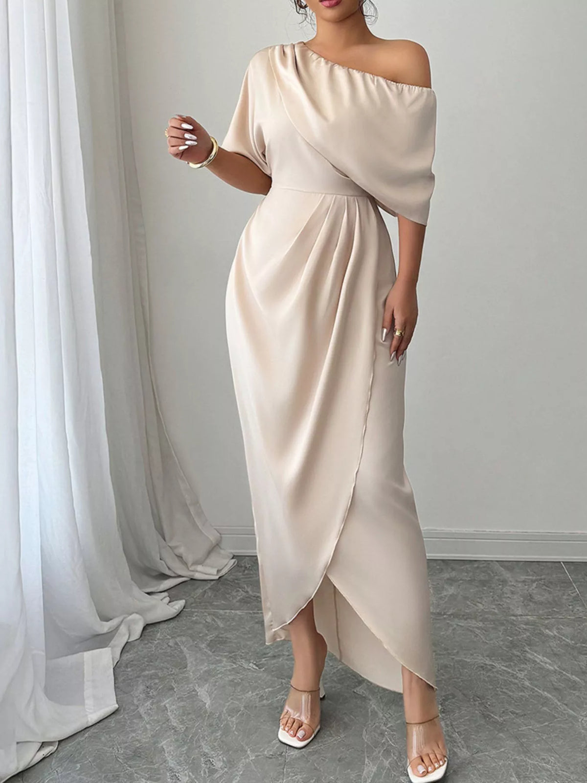 One-Shoulder Satin Maxi Dress - Lilixa.store